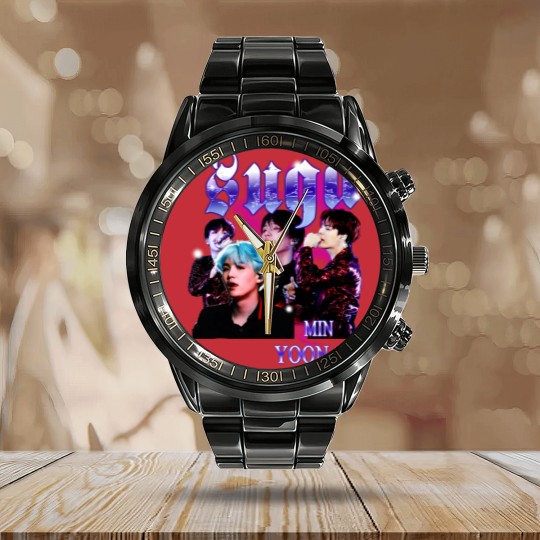 Discover Retro Suga BTS Unisex Black Calendar Steel Band Watch