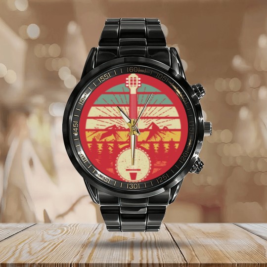 Discover Retro Banjo Mountains And Sun 80's Graphic Gift Calendar Steel Band Watch
