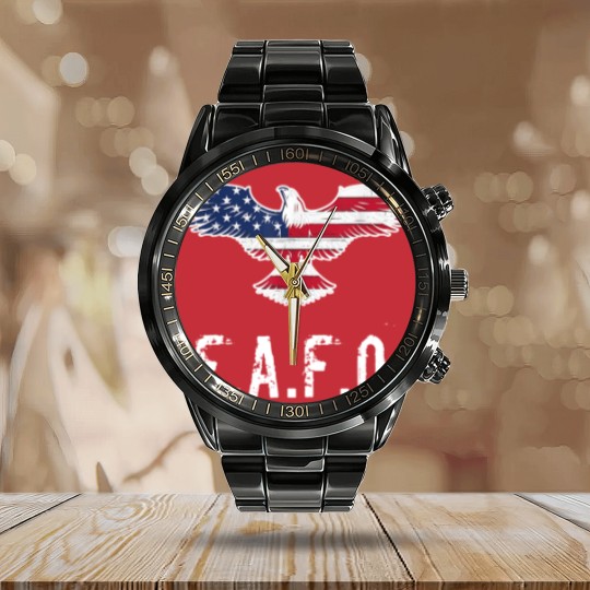 Discover Patriotic American Flag Eagle FAFO / F.A. & F.O. B Zip Calendar Steel Band Watch