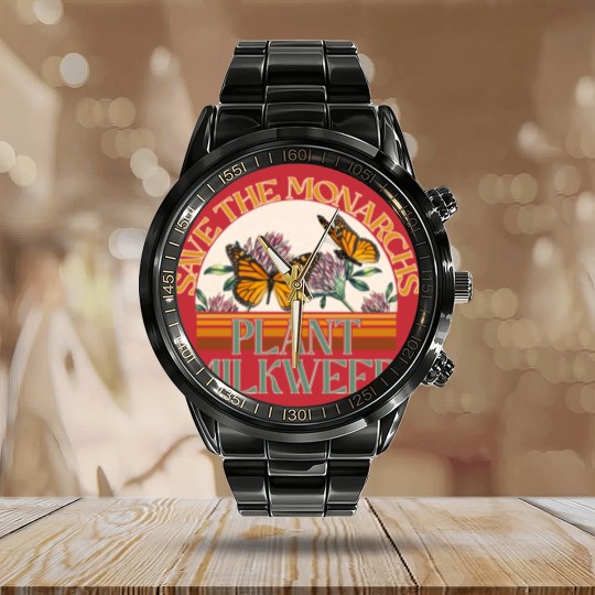 Discover Retro Save The Monarchs Plant Milkweed Butterfly Calendar Steel Band Watch For Women With Flower,Butterfly Calendar Steel Band Watch