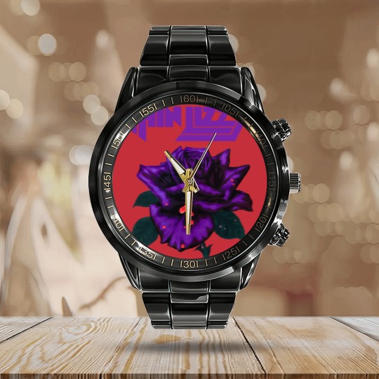 Discover Thin Lizzy Purple Rose Pop Rock Band Black Calendar Steel Band Watch