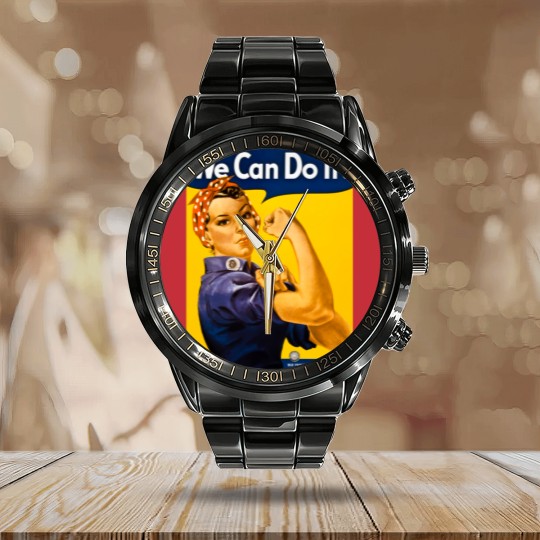 Discover We Can Do It! Rosie the Riveter Vintage WW2 Calendar Steel Band Watch