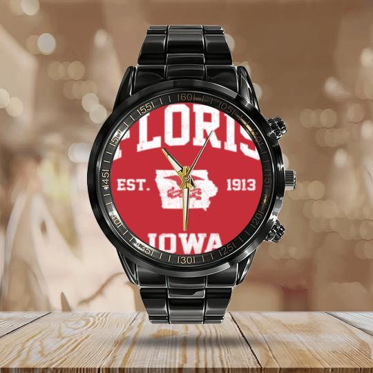 Discover Floris Iowa IA Vintage State Athletic Style Calendar Steel Band Watch