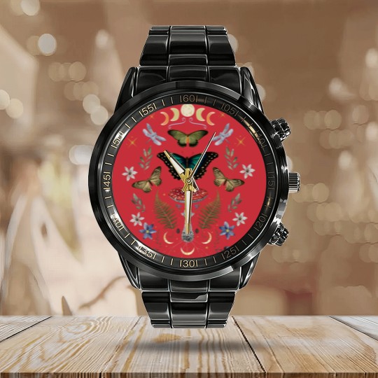 Discover Mystical Forest Floral Celestial Butterfly Calendar Steel Band Watch for Wizard and Green Witch, Fairy Grunge Mystical Calendar Steel Band Watch