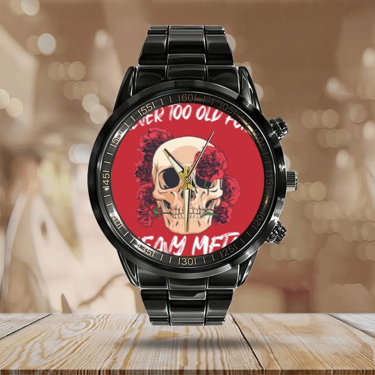 Discover Skull with Red Roses Heavy Metal Hard Rock - Vintage Heavy Metal - Calendar Steel Band Watch