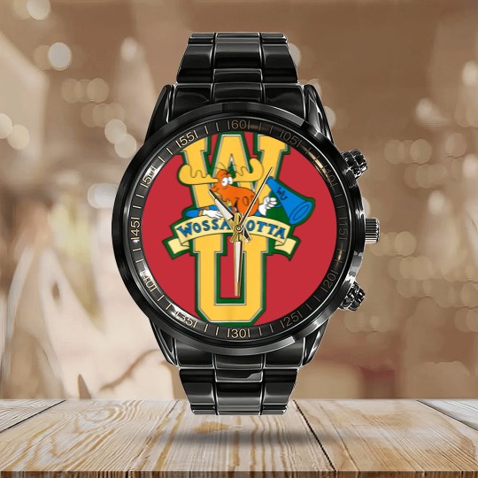 Discover Rocky and Bullwinkle Wossamotta U Logo Calendar Steel Band Watch