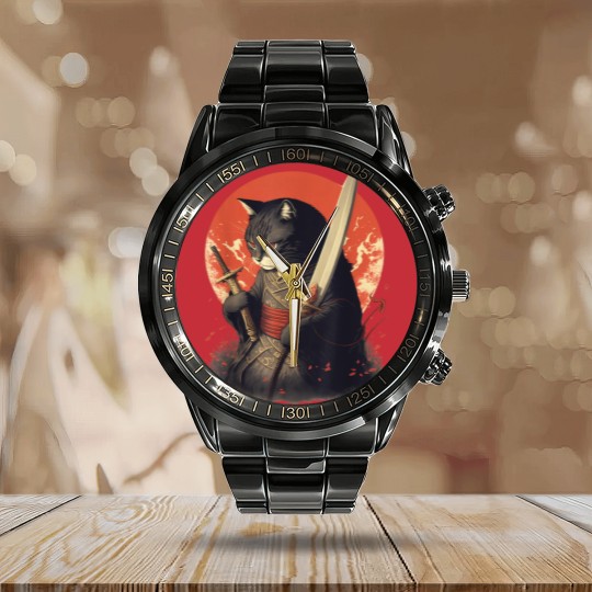 Discover Retro Japanese Samurai Ninja Cat Calendar Steel Band Watch, Ninja Cat Calendar Steel Band Watch