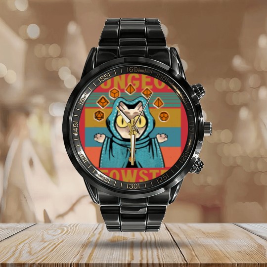 Discover Dungeon Meowster Funny Nerdy-Gamer Cat-D20 Dice RPG Dungeons and Dragons Calendar Steel Band Watch