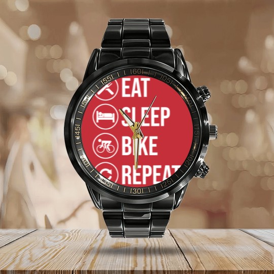 Discover Eat Sleep Bike Repeat Biking Riding Ride Bikes Calendar Steel Band Watch