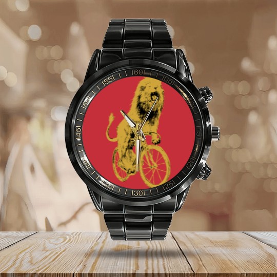 Discover Bicycling Lion Calendar Steel Band Watch - Screen Printed Unisex Calendar Steel Band Watch, Lion Calendar Steel Band Watch, Lion Lovers, Bike Calendar Steel Band Watch, Alternative Apparel, Dark Cycle Clothing