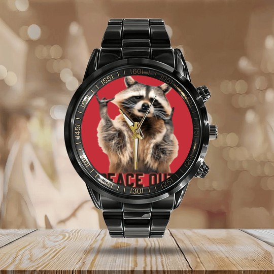 Discover Funny Raccoon Peace Out Sarcastic Raccoon Trashed Panda Calendar Steel Band Watch