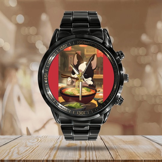 Discover Boston Terrier Eating Ramen Calendar Steel Band Watch