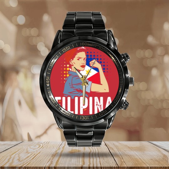 Discover Proud Filipina Woman Girl Philippines Flag Calendar Steel Band Watch