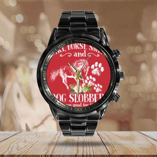 Discover Cute Horse And Dog Flower Calendar Steel Band Watch, Dirt Horse Smell Dog Slobber