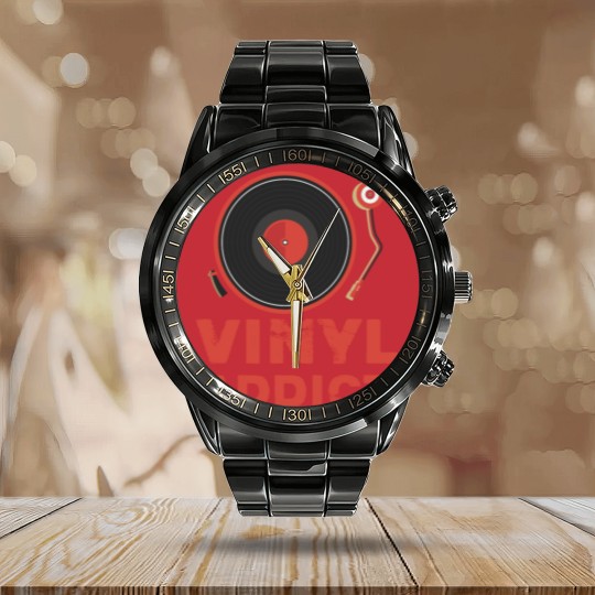 Discover Vinyl Addict Calendar Steel Band Watch for Vinyl Turntable DJs Calendar Steel Band Watch
