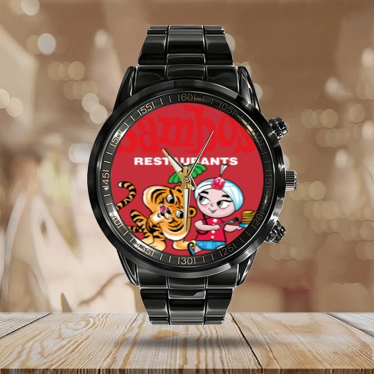 Discover Sambo's Restaurant Logo with Sambo and Tiger Calendar Steel Band Watch