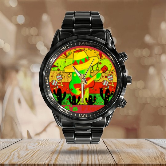 Discover Lets Fiesta Cinco De Mayo Mexican Guitar Cactus Calendar Steel Band Watch
