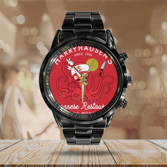 Discover Retro Octopus Chef Harryhausen's Japanese Restaurant Calendar Steel Band Watch