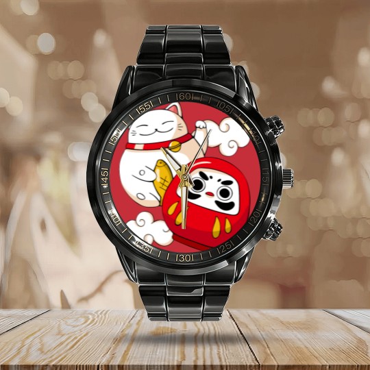 Discover Maneki Neko Lucky Cat Japanese Daruma Doll Kawaii Calendar Steel Band Watch