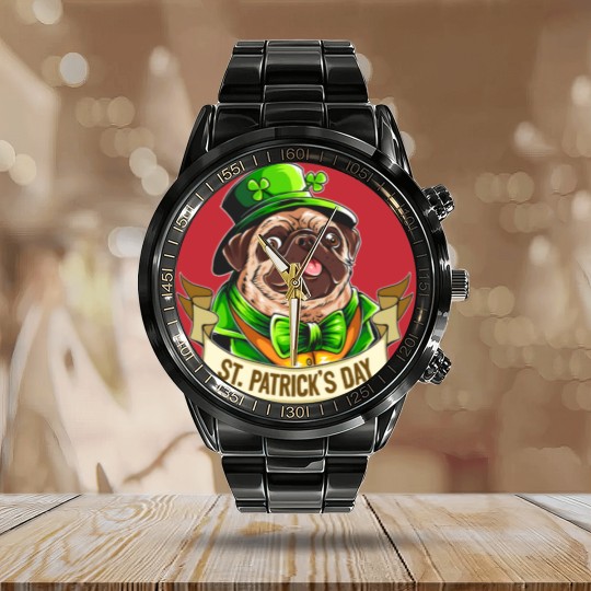 Discover St. Patrick's Day Pug Calendar Steel Band Watch