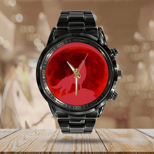 Discover Wolf Howling at Moon Calendar Steel Band Watch