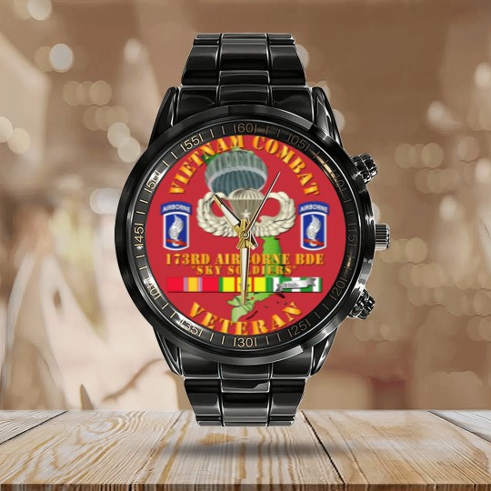 Discover Vietnam Combat Infantry Veteran w 173rd Airborne Bde SSI V1 Calendar Steel Band Watch