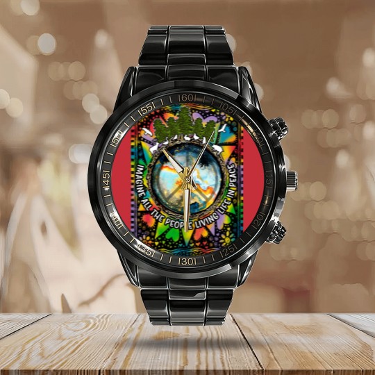 Discover Imagine All The People Living Life In Peace Hippie Premium Scoop Calendar Steel Band Watch