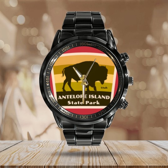 Discover antelope island state park utah bison herd souvenir Calendar Steel Band Watch