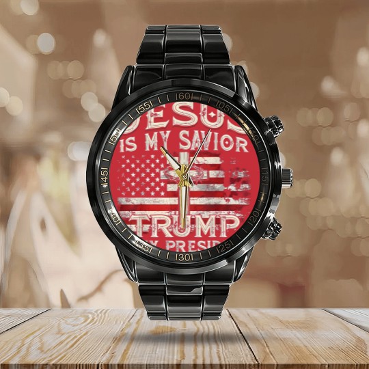 Discover Jesus Is My Savior Trump Is My President American Flag Calendar Steel Band Watch