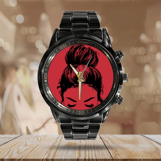 Discover Messy bun face - unisex Calendar Steel Band Watch | Mom Calendar Steel Band Watch | messy bun Calendar Steel Band Watch