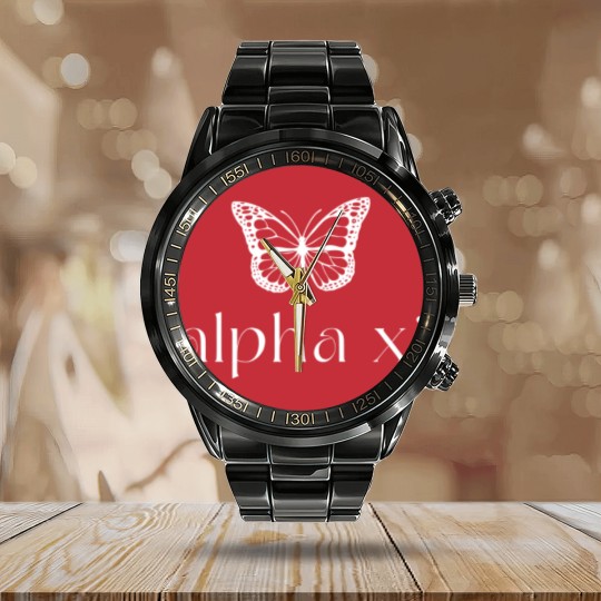 Discover Alpha Xi Delta Butterfly Calendar Steel Band Watch | Custom sorority merch