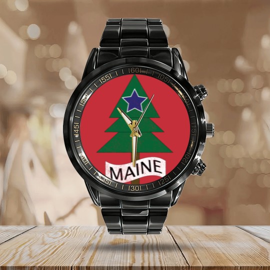 Discover 1901 Maine State Flag Remix Distressed Vintage - Maine - Calendar Steel Band Watch