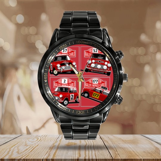 Discover Monte Carlo Rally Mini Coopers Calendar Steel Band Watch