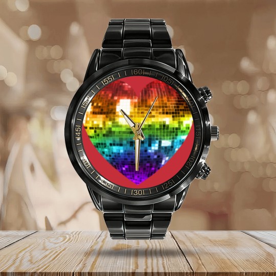 Discover Rainbow Disco Ball Heart  Classic Calendar Steel Band Watch