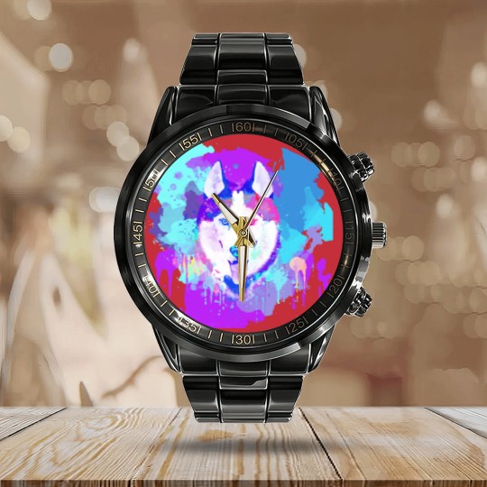 Discover Husky Artwork Husky Dog Watercolor, Husky Artwork, Husky apparel, Colorful Husky Calendar Steel Band Watch