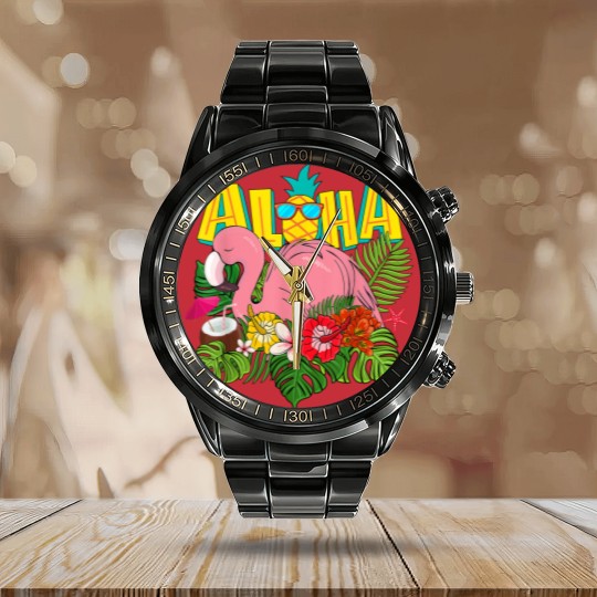 Discover Aloha Hawaii Calendar Steel Band Watch Hawaiian Flamingo Kids Teen Calendar Steel Band Watch