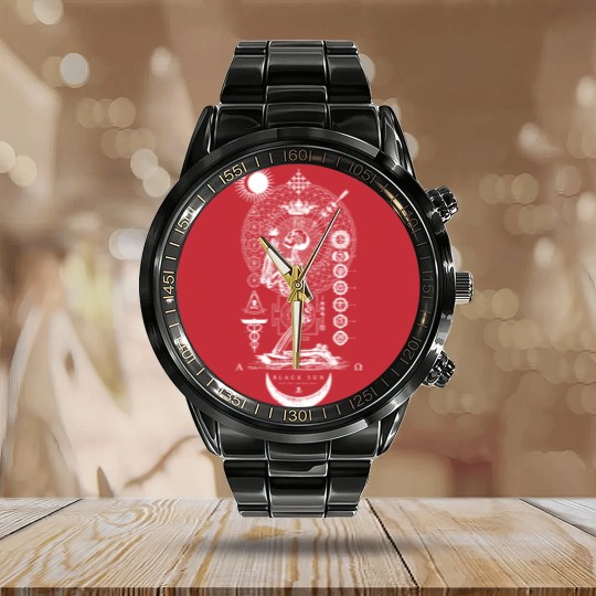 Discover Praying Calendar Steel Band Watch BLACK SUN Praying Skeleton - Occult Sacred Geometry