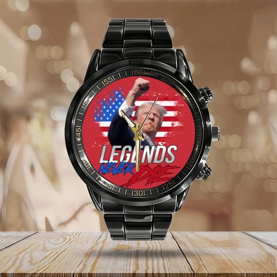 Discover Trump Legends Never Die Dark Calendar Steel Band Watch, Trump Fight 2024 Calendar Steel Band Watch