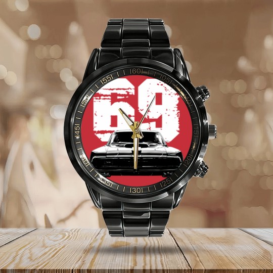 Discover 1969 Mercury Cougar Front View with Year Calendar Steel Band Watch
