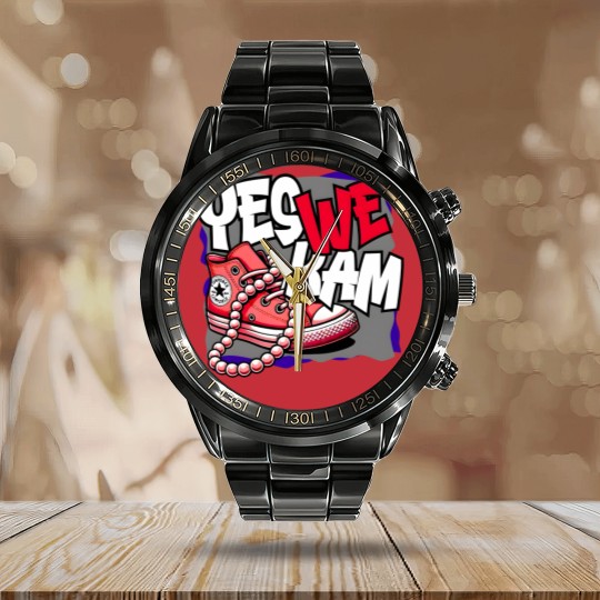 Discover Kamala Harris , Yes We Kam, red white and blue, Calendar Steel Band Watch