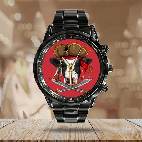 Discover Cattle Cow Pirate Cow Cattle Jolly Roger Flag Nautical Cow Lover Calendar Steel Band Watch