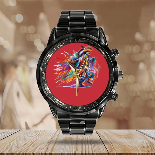 Discover Native American Grass Dancer Calendar Steel Band Watch
