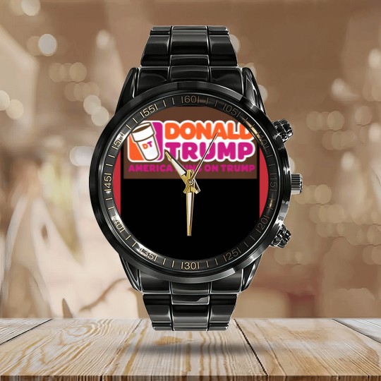 Discover America runs on Trump, Donald Trump Calendar Steel Band Watch, Punny Calendar Steel Band Watch, Dunkin, Coffee Calendar Steel Band Watch
