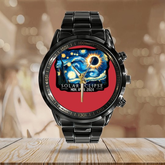 Discover Vintage American Totality Starry Night Eclipse Solar 2024 Calendar Steel Band Watch