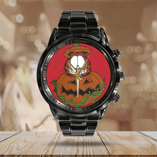 Discover Halloween Garfield Pumpkin Calendar Steel Band Watch, Halloween Pumpkin Garfield Cat Calendar Steel Band Watch