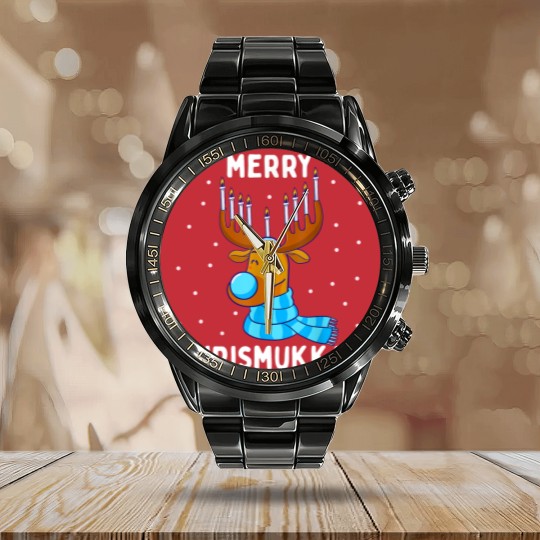 Discover Merry Chrismukkah Jewish Christmas Hanukkah Reindeer Menorah Calendar Steel Band Watch