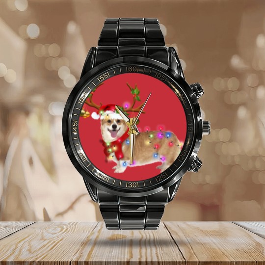 Discover Christmas Corgi Reindeer Calendar Steel Band Watch, Santa's Hat Corgi Calendar Steel Band Watch