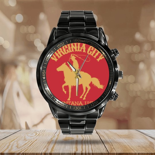 Discover Vintage-Style Virginia City Montana U.S.A. - Gold - CowboyWesternWild West Calendar Steel Band Watch