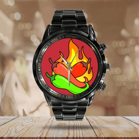 Discover hot peppers Calendar Steel Band Watch