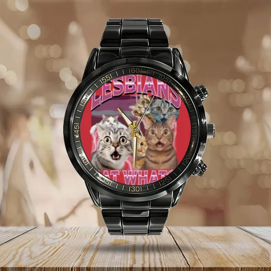 Discover Lesbians Eat What?! Funny Offensive Cat Bootleg Calendar Steel Band Watch - Unhinged Calendar Steel Band Watch